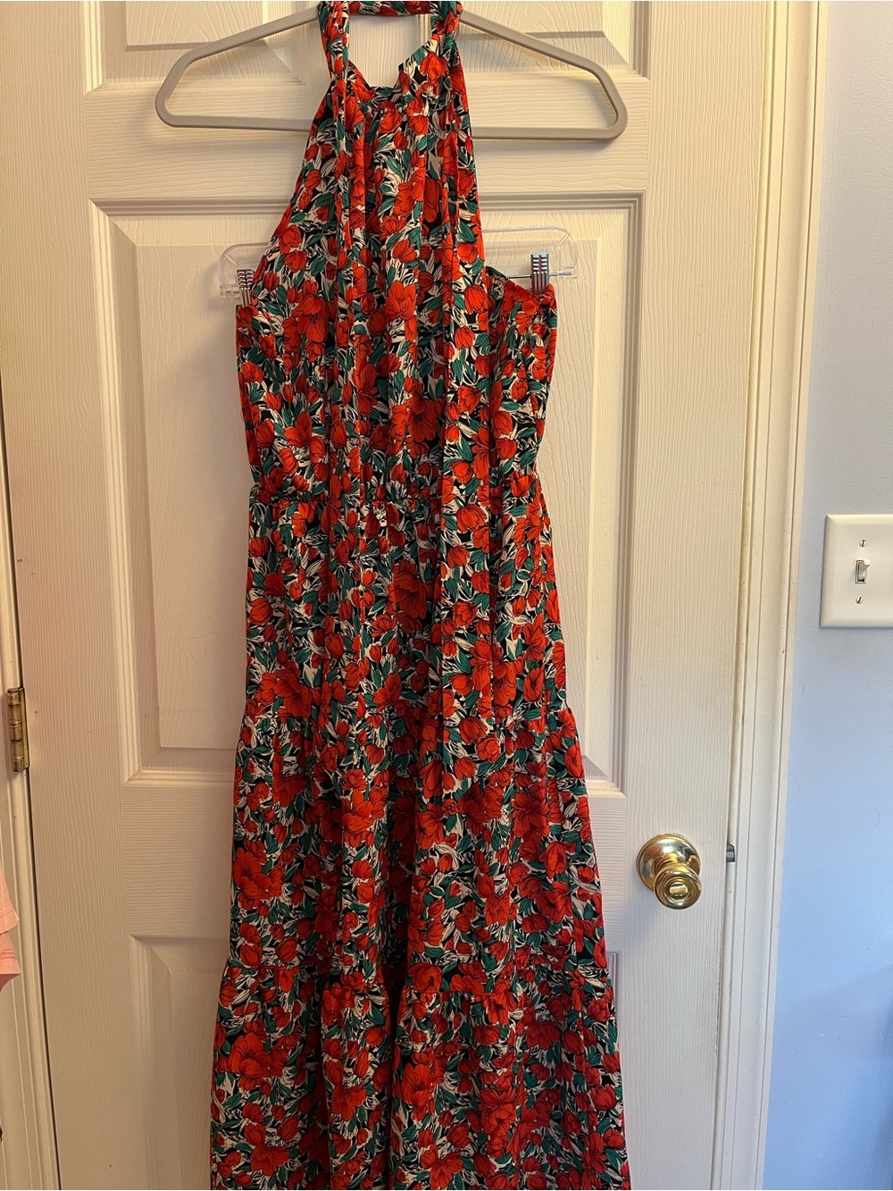 #21 Red and Green Women’s Floral Tulip Halter Maxi Dress Small